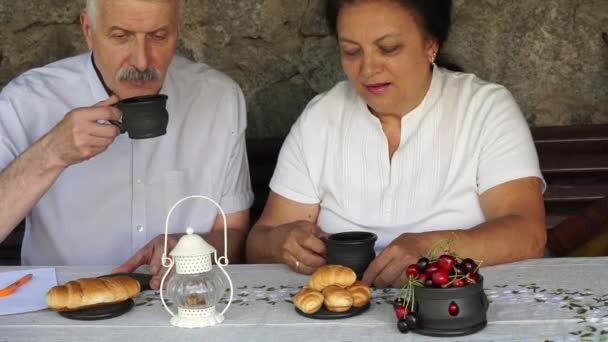 Old man with woman enjoying tea — Stock Video