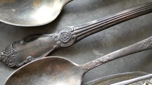 Panoramic Close Shot Silverware Silver Spoons Vintage Retro Tray — Stock Video