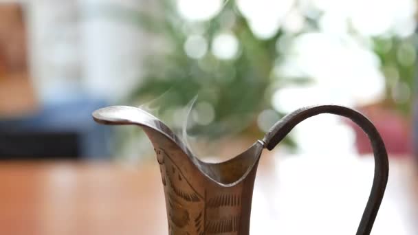 Coffee Tea Steam Silver Jug Vertical Panoramic Close Shot — Stock Video