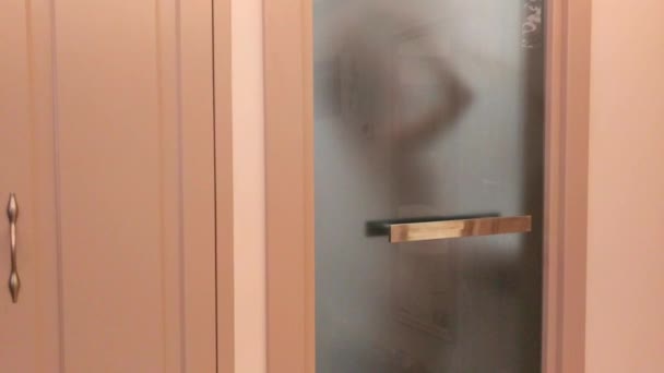 ホテルの部屋でマットの透明なガラスのドアの後ろに髪を乾燥シャワーの若いきれいな女性のシルエット 横長パノラマ クローズ アップ ショット — ストック動画