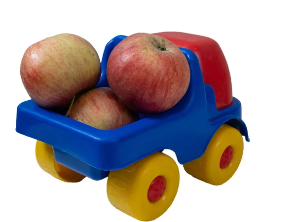 Kleiner Spielzeugauto Lkw Mit Äpfeln Obst Lieferung Von Bio Früchten — Stockfoto