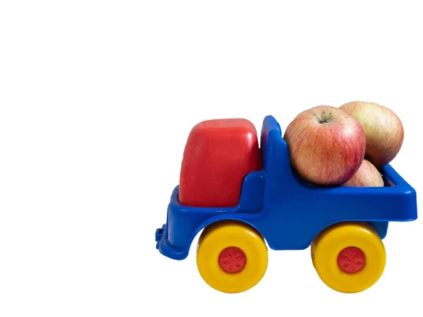 Seitenaufnahme Eines Kleinen Bunten Spielzeugautos Mit Äpfeln Und Früchten Lieferung — Stockfoto
