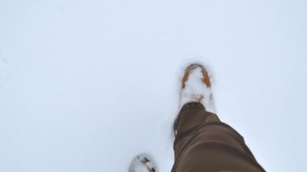 Uomo Cammina Passi Stivali Invernali Grandi Neve Bianca Intatta Pulita — Video Stock
