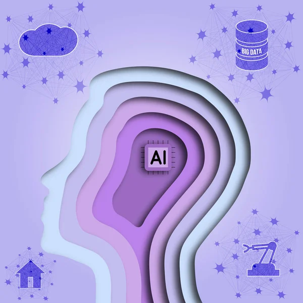beyin yerine içeri AI çip ile insan kafa portre siluet. Yapay zeka kavramı ile sinir ağları bağlayan büyük veri, internet şeyler, robotik, bulut bilgi işlem