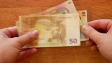 Romence Lei yatıyordu yaymak ahşap masa üzerinde adam ve Romanya ve Avrupa Birliği tümleştirme sembolü olarak dökeyim 50 Euro. yakın çekim 4k video görüntüleri Pov