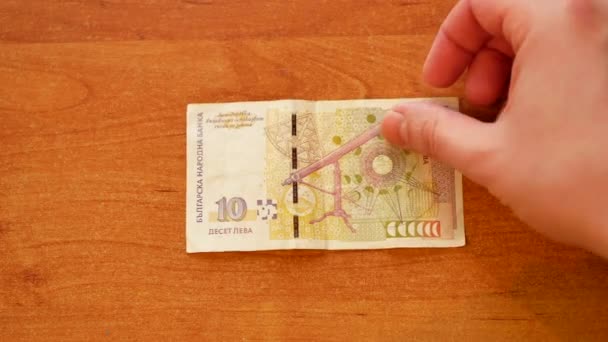 Man Put Bulgarian Lev Banknote Wooden Desk Put Euros Top — Stock Video