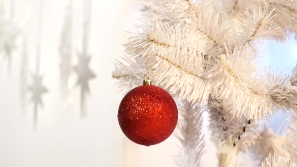 Één rode glas decoratie bal op kerstboom — Stockvideo