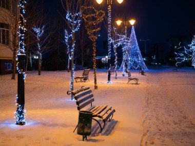 Boş Şehir Parkı sokak geçit ahşap Bank ve gece Noel ağacı ile