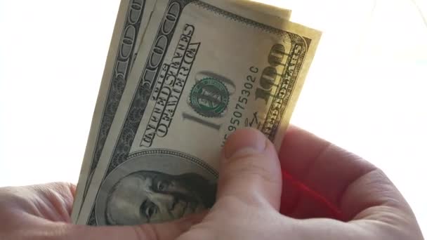 Άνδρας Παραλαμβάνει Μετρητά Χρήματα Διηγείται Στα Χέρια Του Πεντακόσια Δολάρια — Αρχείο Βίντεο