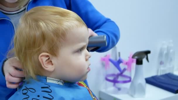 Friseur Bereitet Kleinen Jährigen Weißen Kaukasischen Jungen Auf Den Haarschnitt — Stockvideo