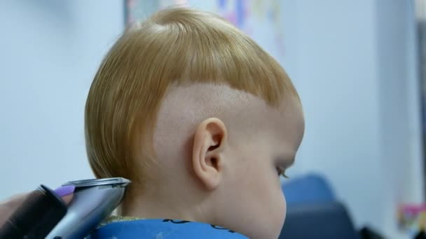 Erster Moderner Haarschnitt Eines Süßen Jährigen Jungen Friseur Schneidet Haare — Stockvideo