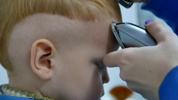 Primo Piano Della Mano Del Barbiere Che Taglio Capelli Ragazzino — Video Stock