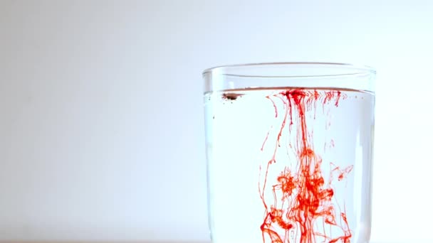 Pequeñas Partículas Sustancia Roja Caen Vaso Transparente Con Agua Disuelven — Vídeo de stock