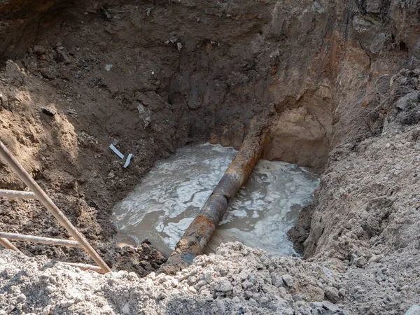 Damaged Rusty Water Pipeline Breaks Deep Ditch Trench City Infrastructure Stock Photo