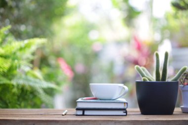 Beyaz kahve fincanı ve kaktüs, dışarıdaki ahşap masada siyah bir demlikte.