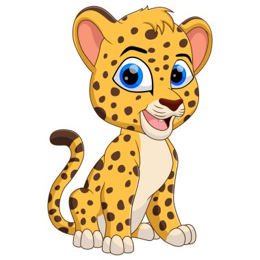 Sevimli bir leopar çizgi filmi oturuyor ve gülümsüyor.