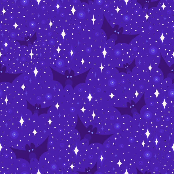 コウモリのシームレスなパターンの星の空 青い空と星のベクトルの背景 — ストックベクタ