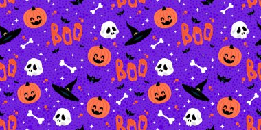 Cadılar Bayramı 'nda balkabakları, kafatasları, kemikler, yarasalar ve şapkalarla kusursuz bir düzen. Cadılar Bayramı vektörü arkaplanı.