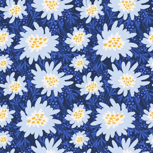 Płynny Wzór Rumiankami Niebieskie Tło Białymi Kwiatami — Wektor stockowy