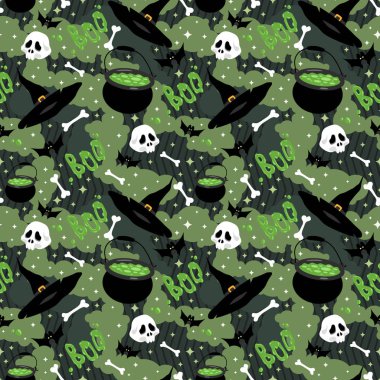 Cadılar Bayramı şablonu kazan iksirleri, şapkalar, kafatasları, kemikler ve yarasalarla dolu. Bir sürü yeşil noktalı soyut bir arkaplan. Cadılar Bayramı için yeşil pürüzsüz arkaplan paketleme kağıdı.