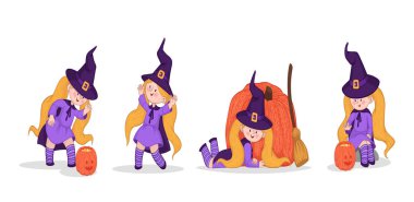 Beyaz arka planda balkabaklı, tatlı ve süpürgeli komik kızlar. Çizgi filmdeki kızlar beyaz karantinada. Beyaz zemin üzerinde küçük cadı vektör karakter seti. Cadılar Bayramı çocukları kostüm partisi havası.