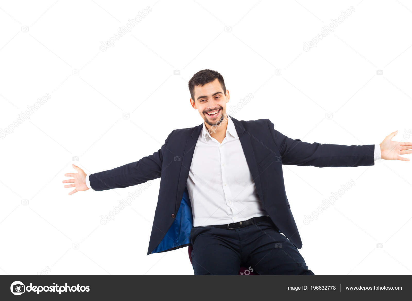 Enthusiastic Man smiling big arms stretched out in front palms up