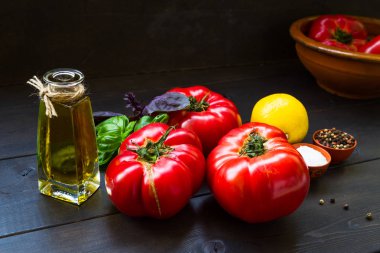Olgun domates, zeytin yağı, fesleğen, sarımsak, limon ve baharat. İtalyan mutfağı sebze salatası için malzemeler. Foodphoto. Vejetaryen yiyecekler.