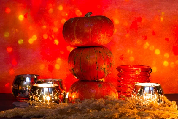 Composition Pumpkins Candles Thanksgiving Halloween Orange Background Tones Bokeh Lights — Stock Photo, Image