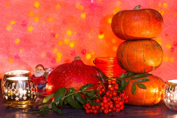 Sammansättning Pumpor Och Ljus För Thanksgiving Och Halloween Orange Bakgrund — Stockfoto