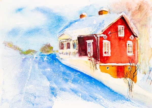 Frosty Besneeuwde Dag Rode Houten Huis Aquarel — Stockfoto