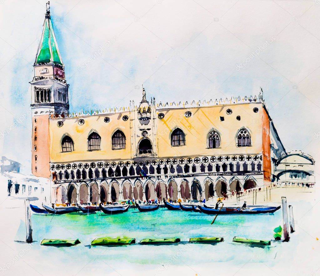 Venice, Italy, Doge's Palace from the sea and the Grand Canal. Watercolor sketch.