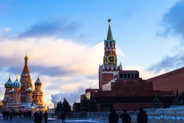 Russia Moscow Red Square 2018 Winter Mood Sunset Kremlin Basil — Stock Photo, Image