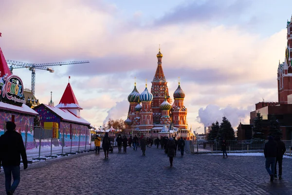 Russia Moscow Red Square 2018 Winter Mood Sunset Kremlin Basil — Stock Photo, Image
