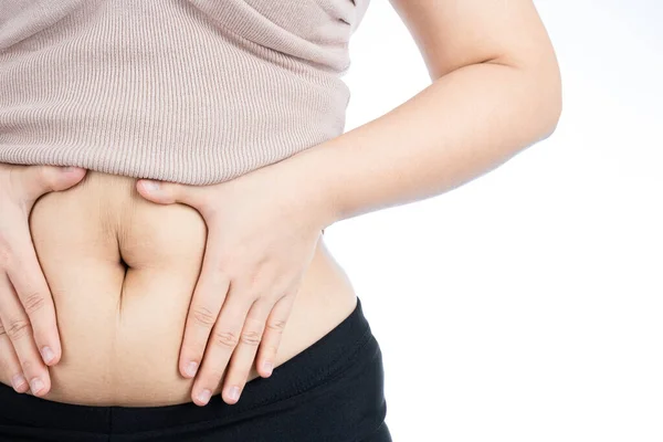 肥胖女人腹部肥大 肥胖的腹部孤立在白底之上 饮食生活方式 体重减轻 胃肌肉 健康观念 — 图库照片