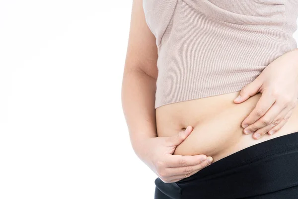 Gruba Kobieta Trzymająca Nadmiar Tłuszczu Brzuchu Otyły Tłusty Brzuch Izolowany — Zdjęcie stockowe