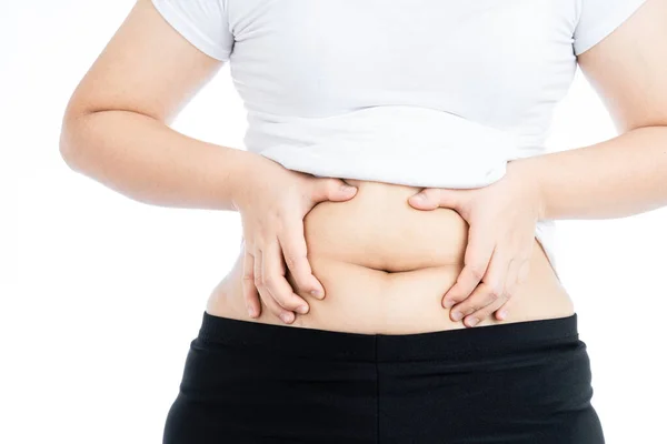 肥胖女人腹部肥大 肥胖的腹部孤立在白底之上 饮食生活方式 体重减轻 胃肌肉 健康观念 — 图库照片