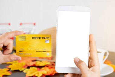 Masasında kredi kartı ve mallarla para ödeyen, eCommerce konseptini taklit etmek için boş ekranlı akıllı telefon. Çevrimiçi Teknoloji Ödemesi.