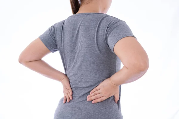 Woman Feeling Exhausted Suffering Waist Back Pain Injury Isolated White — Stock Photo, Image