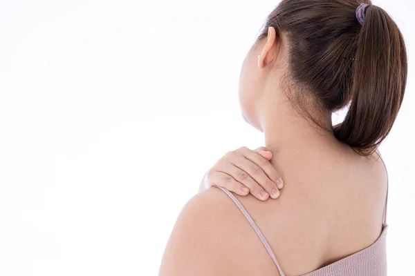 Woman Feeling Exhausted Suffering Shoulder Neck Pain Injury Isolated White — Stock Photo, Image