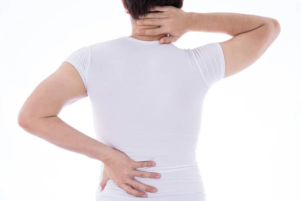 Hombre Sintiéndose Agotado Sufriendo Dolor Cuello Espalda Lesiones Fondo Blanco —  Fotos de Stock