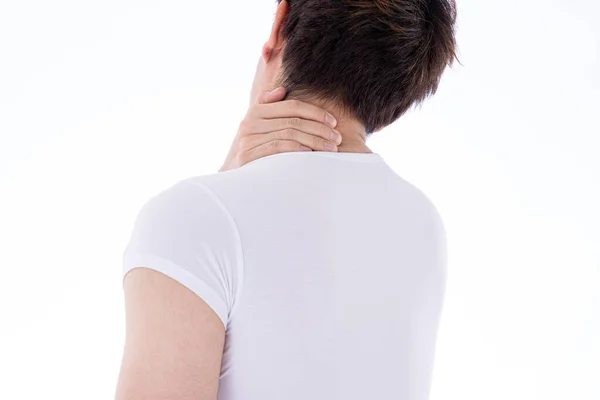 Hombre Sintiéndose Agotado Sufriendo Dolor Hombro Cuello Lesiones Fondo Blanco —  Fotos de Stock
