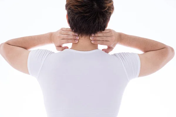 Man Feeling Exhausted Suffering Shoulder Neck Pain Injury Isolated White — Stock Photo, Image