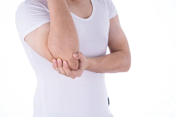 Hombre Sintiéndose Agotado Sufriendo Dolor Brazo Codo Lesión Fondo Blanco —  Fotos de Stock