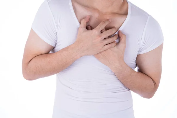 Uomo Che Sente Esausto Soffre Dolore Cardiaco Lesioni Sfondo Bianco — Foto Stock