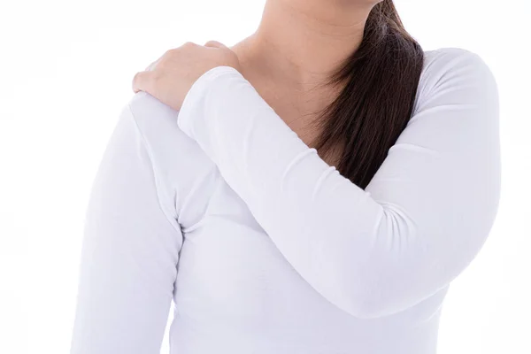 Una Mujer Sintiéndose Agotada Sufriendo Dolor Hombro Cuello Lesiones Fondo — Foto de Stock