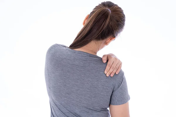 Woman Feeling Exhausted Suffering Shoulder Neck Pain Injury Isolated White — Stock Photo, Image