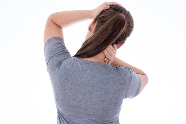 Una Donna Che Sente Esausta Soffre Dolore Collo Alla Testa — Foto Stock