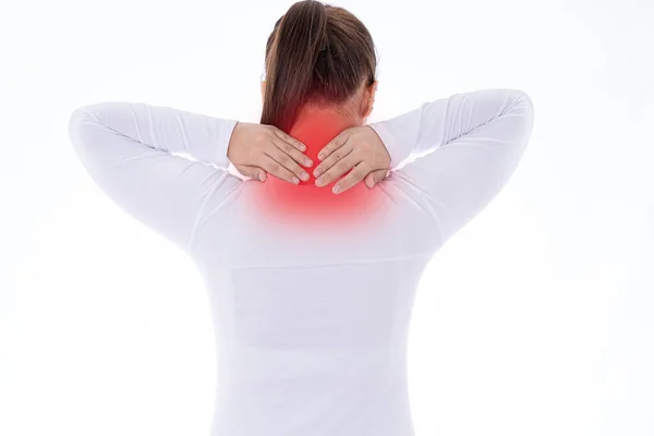 Woman Feeling Exhausted Suffering Shoulder Neck Pain Injury Isolated White — Stock Photo, Image