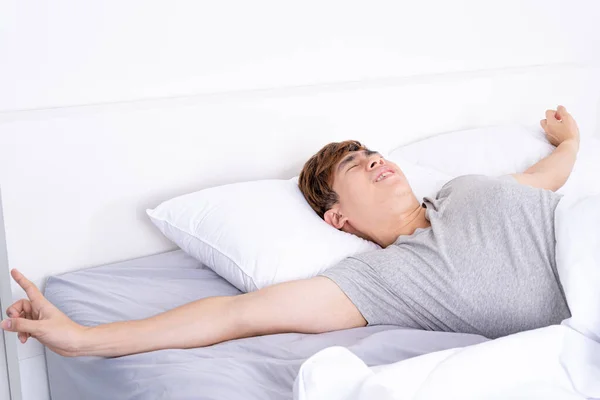 Young Asian Man Stretching Bed Wake Good Comfortable Bed Healthcare — Stock Photo, Image