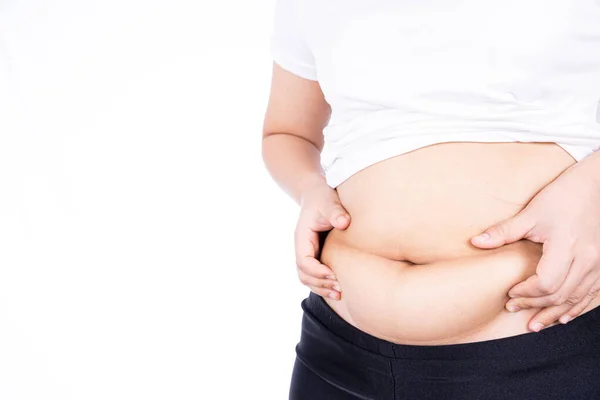 Tlustá Žena Drží Nadměrné Tlusté Břicho Tlusté Břicho Izolované Přes — Stock fotografie